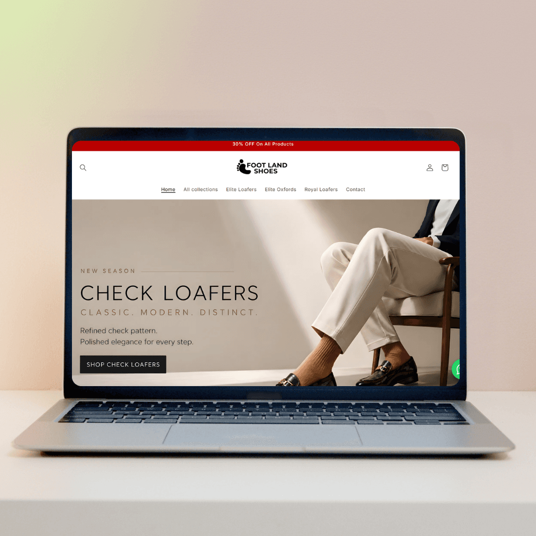 Foot Land Shoes Shopify storefront shown on a laptop